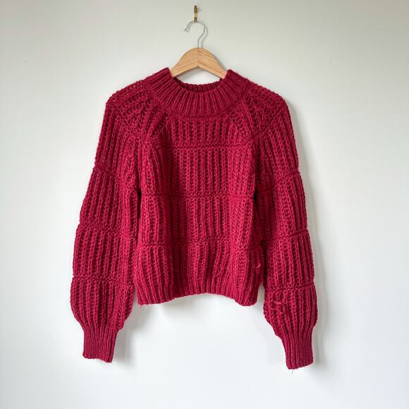 HYFVE Chunky-Knit Crew Neck Long Sleeve Cropped Pullover Sweater Red S - Picture 1 of 7